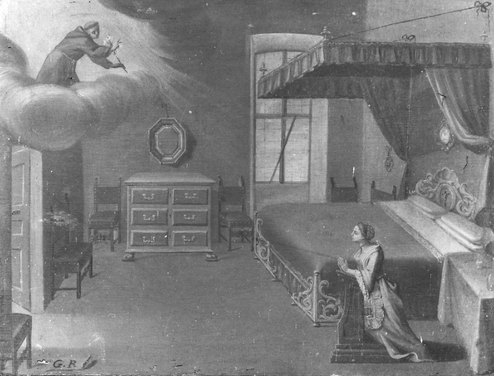 Sant'Antonio da Padova intercede per devota orante (dipinto, opera isolata) - bottega novarese (sec. XIX)