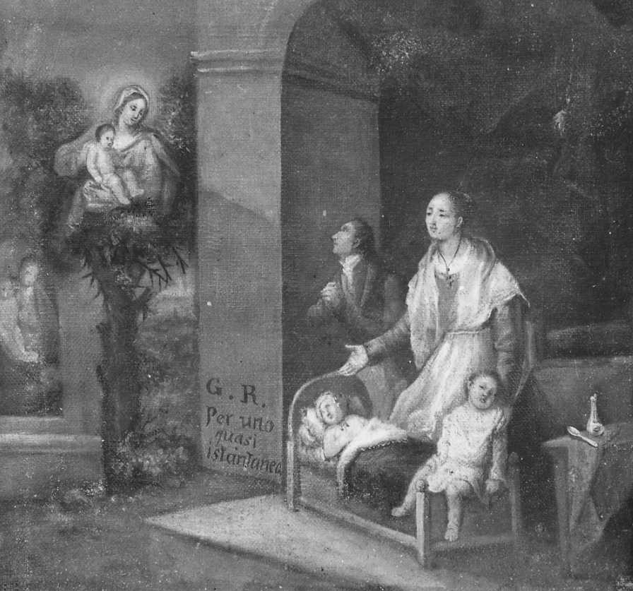 Madonna con Bambino intercede per guarigione (dipinto, opera isolata) - ambito cusiano (sec. XIX)