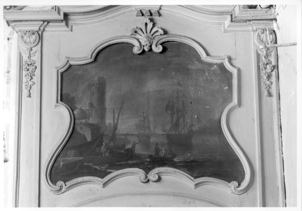 MARINA CON PESCATORI E BARCHE (sovrapporta, elemento d'insieme) - ambito piemontese (terzo quarto sec. XVIII)