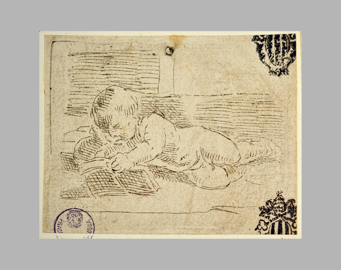 Putto (Gesù Bambino?) leggente, Gesù Bambino (stampa) di Reni Guido (scuola) (sec. XVII)