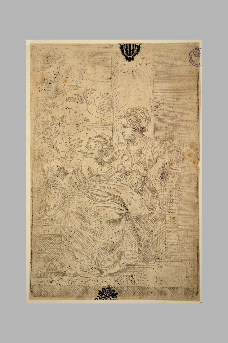 Madonna con Bambino e San Giovannino (stampa) di Reni Guido (cerchia) (prima metà sec. XVII)