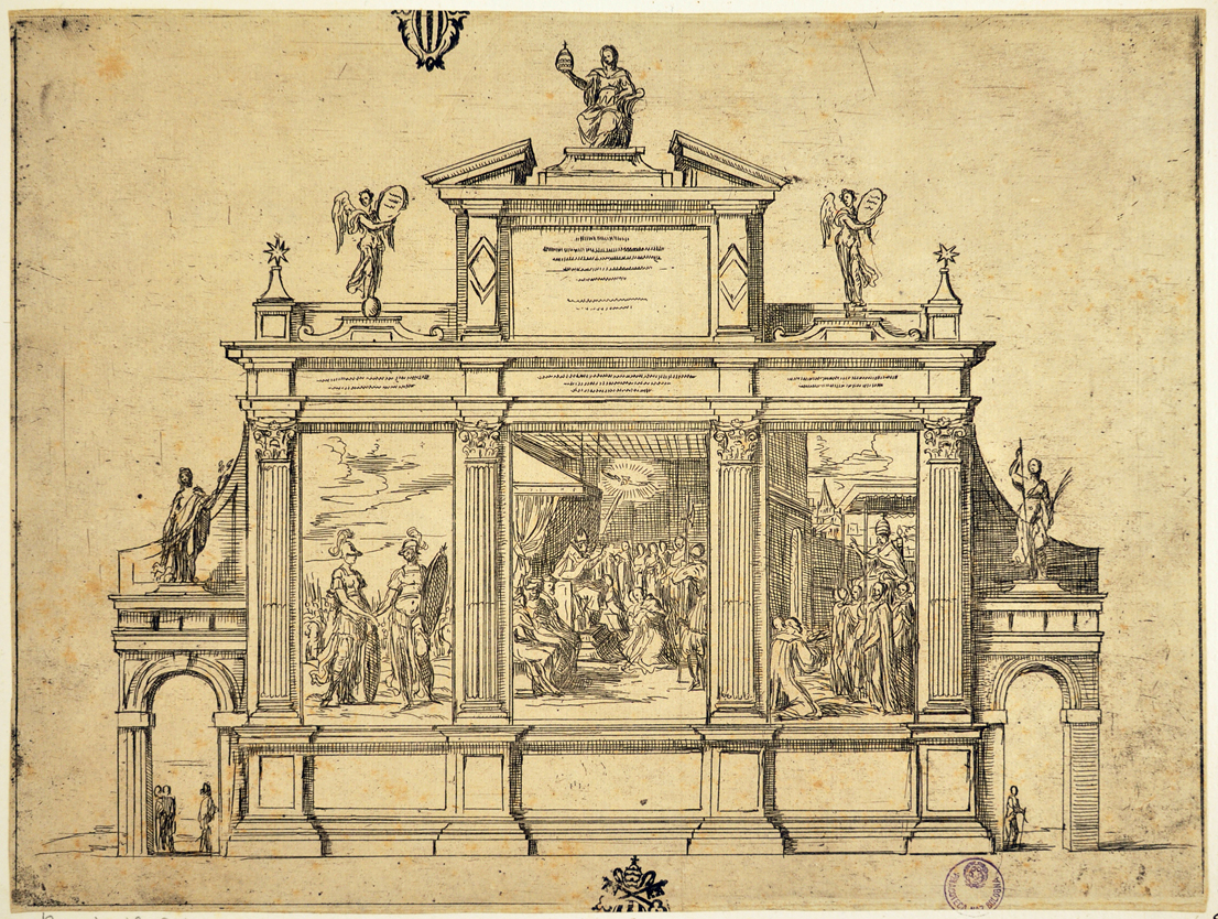 Monumento alle gesta di Clemente VIII, veduta di città (stampa) di Reni Guido (sec. XVI)