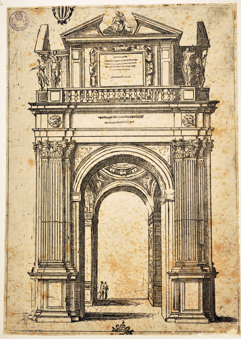 Arco trionfale sormontato dalle statue dei quattro continenti (visibile solo l'Africa), veduta di città (stampa smarginata) di Reni Guido (sec. XVI)