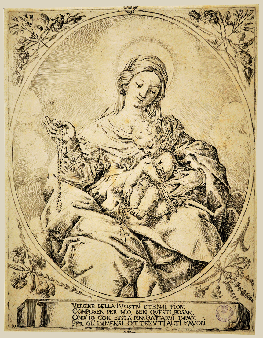 Madonna del Rosario, Madonna con Bambino (stampa) di Reni Guido (cerchia) (prima metà sec. XVII)