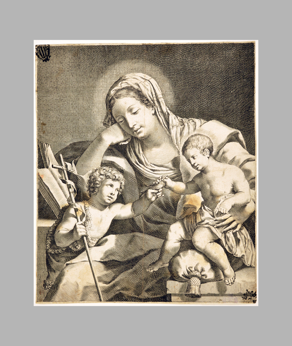 Madonna con Bambino e San Giovannino (stampa smarginata) - ambito francese, ambito bolognese-emiliano (ultimo quarto sec. XVII)
