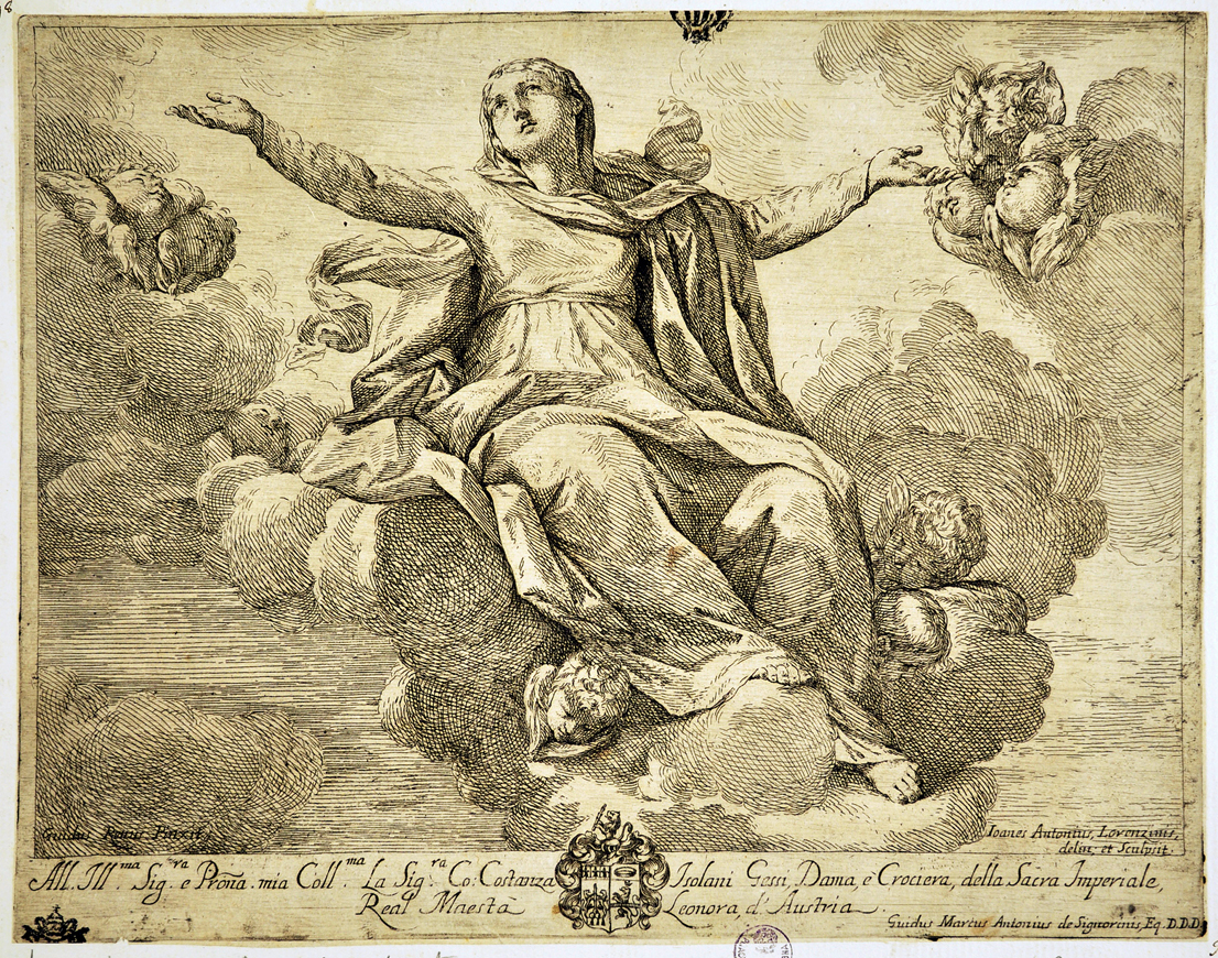 Madonna Assunta con angeli (stampa smarginata) di Lorenzini Giovanni Antonio detto Fra' Antonio, Reni Guido (prima metà sec. XVIII)