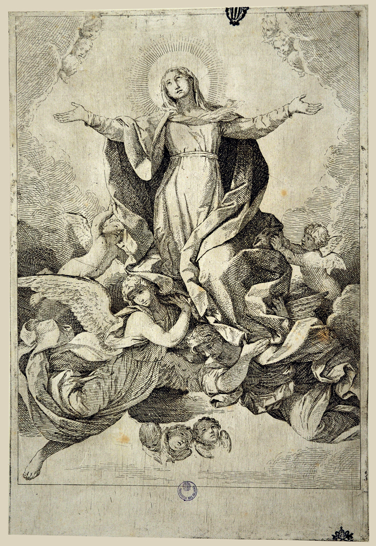 Madonna Assunta con angeli (stampa) di Lorenzini Giovanni Antonio detto Fra' Antonio, Reni Guido (prima metà sec. XVIII)