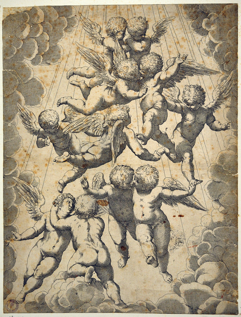 gloria di angeli (stampa smarginata) di Reni Guido (maniera), Cambiaso Luca (prima metà sec. XVII)