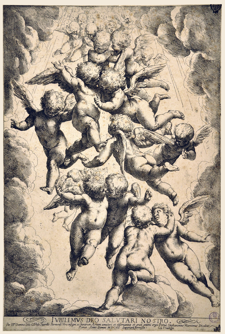 gloria di angeli (stampa smarginata) di Reni Guido, Cambiaso Luca (inizio sec. XVII)