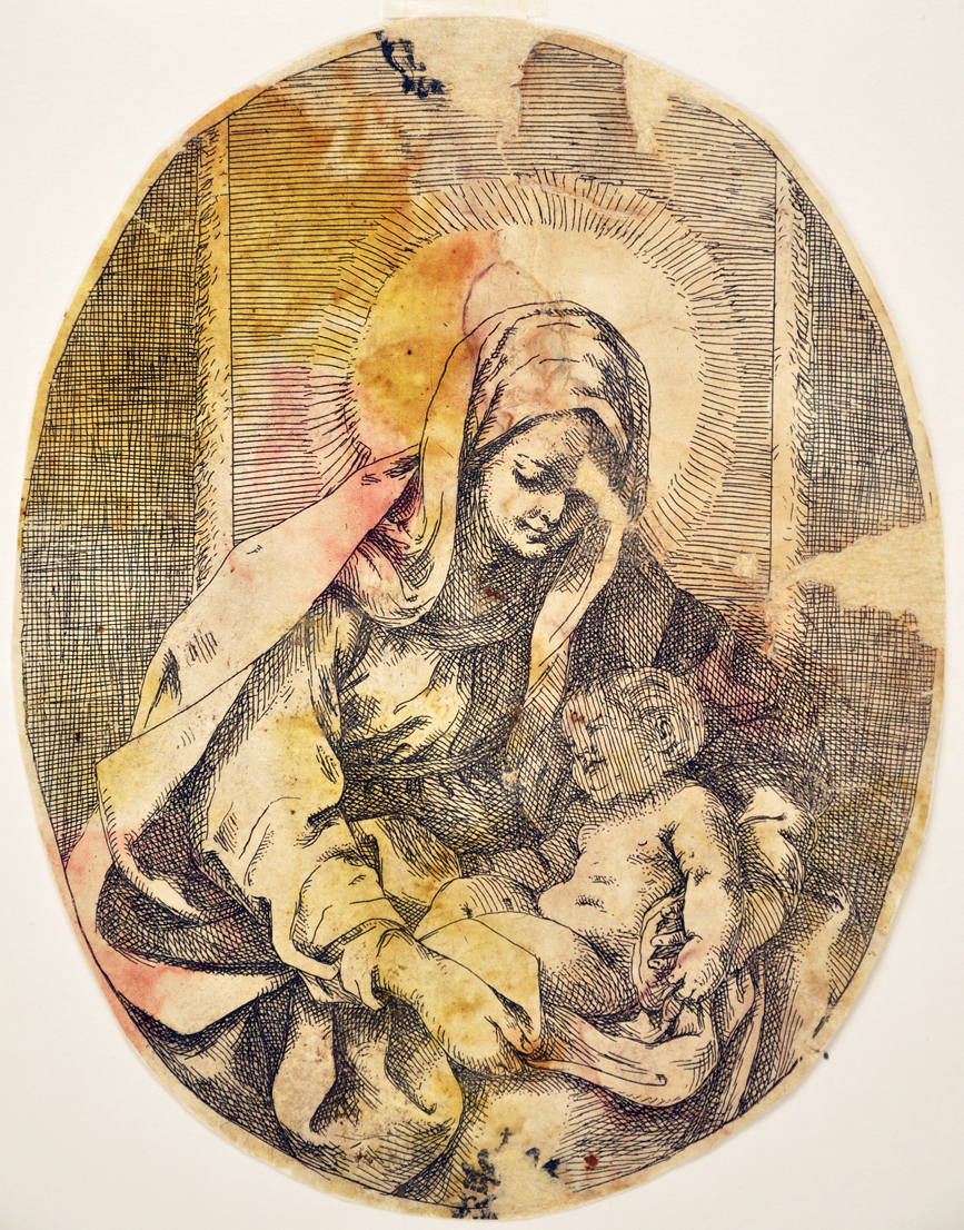 Madonna con Bambino dormiente (stampa tagliata) di Reni Guido (scuola) (metà sec. XVII)
