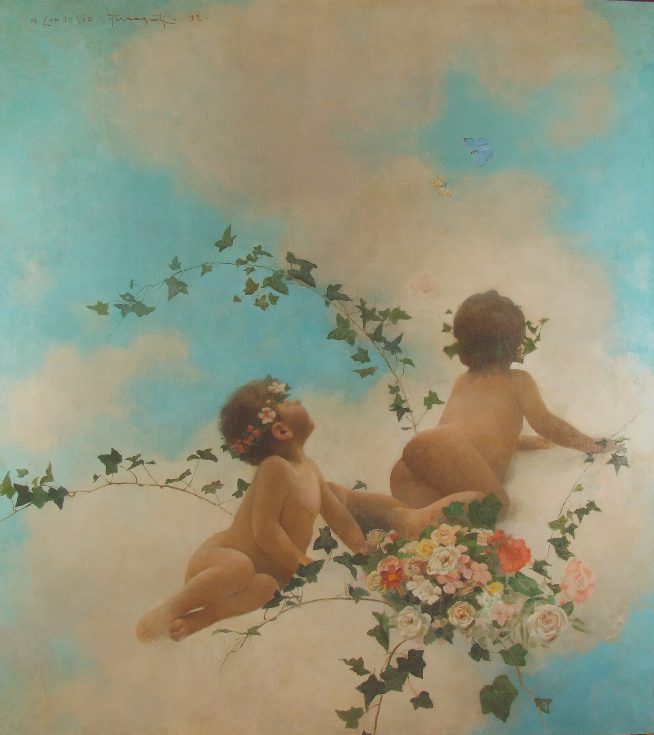 due putti su nuvole (dipinto) di Ferraguti, Arnaldo (fine XIX)