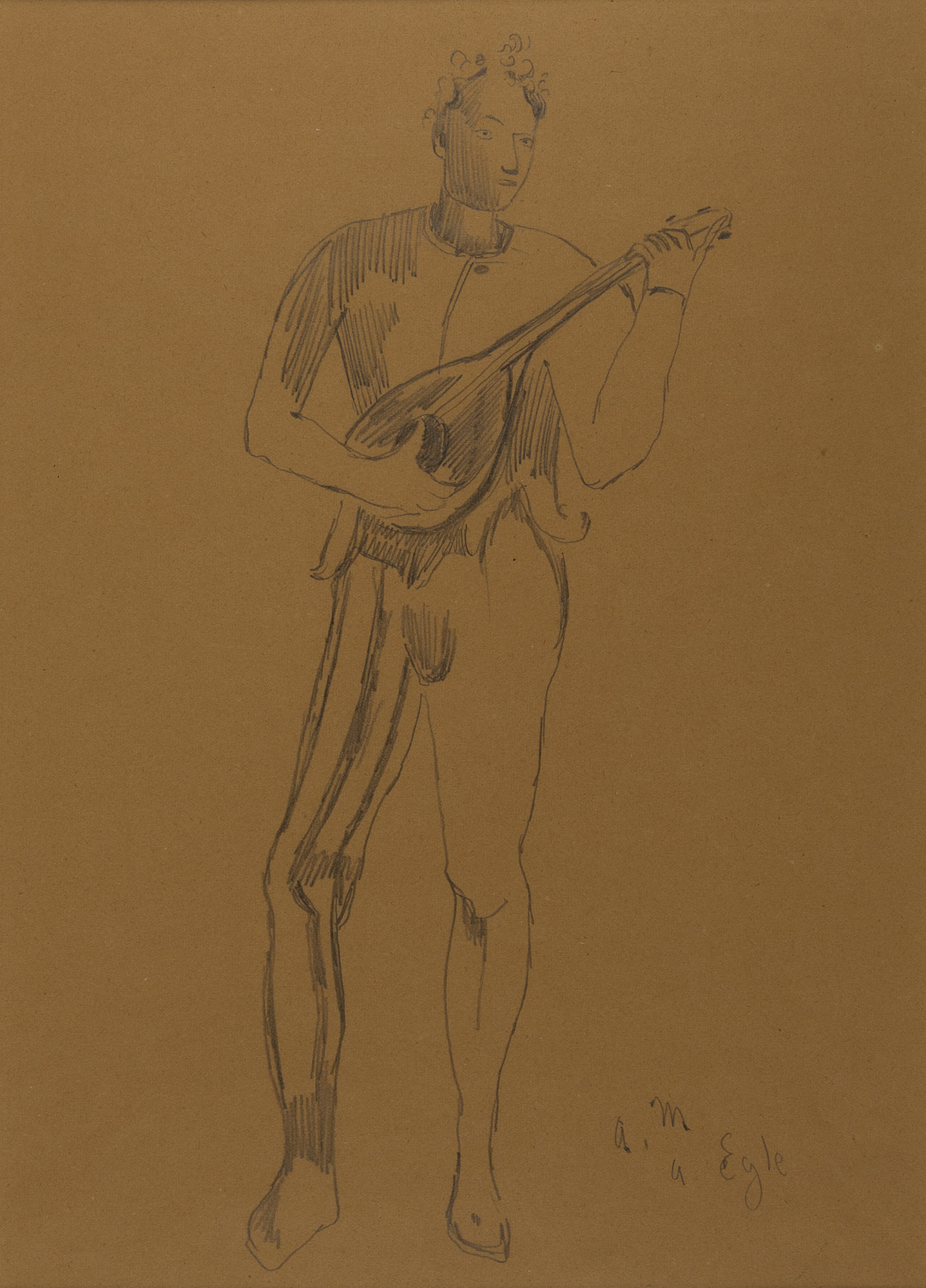 Suonatore di liuto, Uomo con liuto (disegno) di Martini Arturo - ambito italiano (prima metà XX)