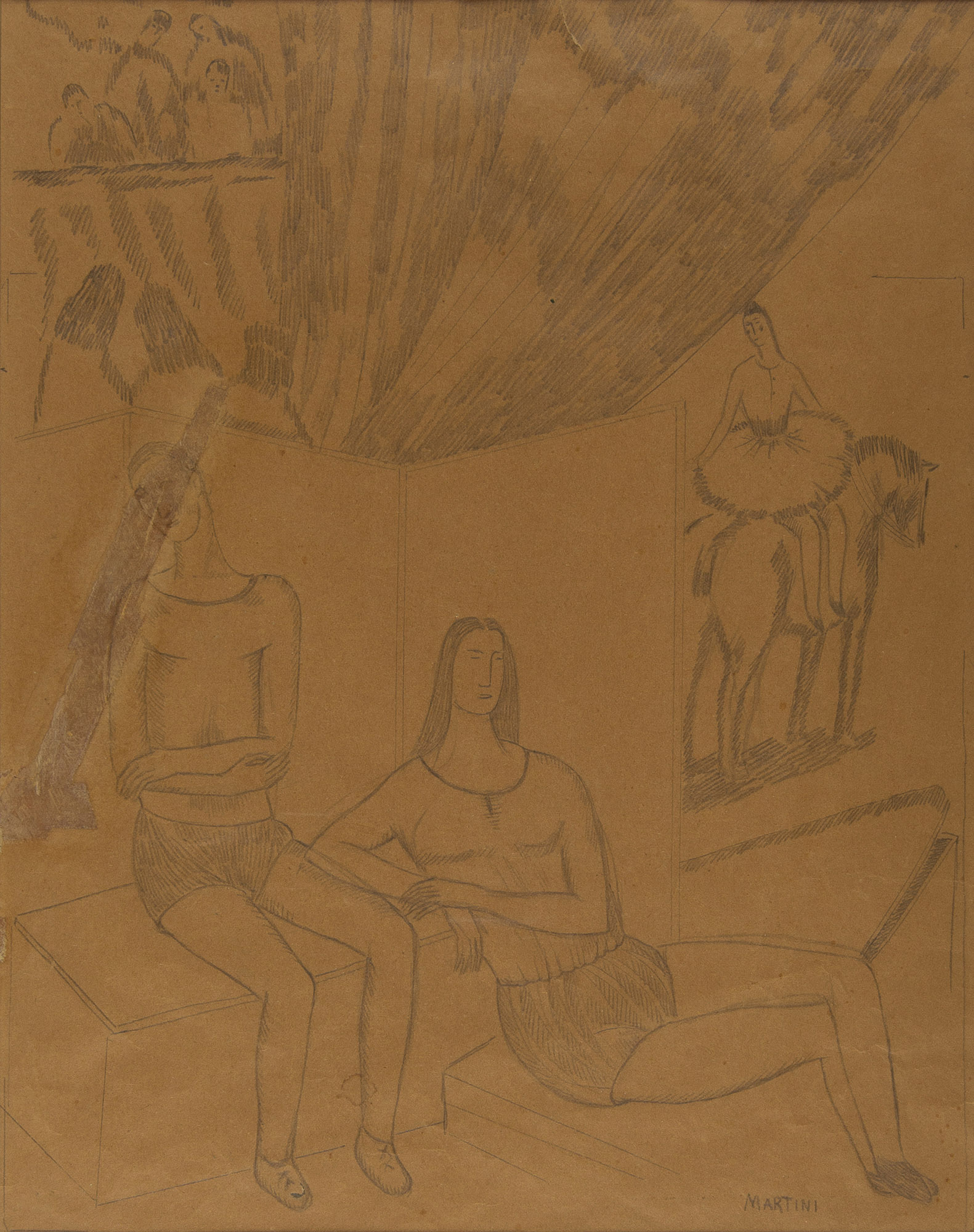 Il circo, Acrobati e ballerina (disegno) di Martini Arturo - ambito italiano (prima metà XX)