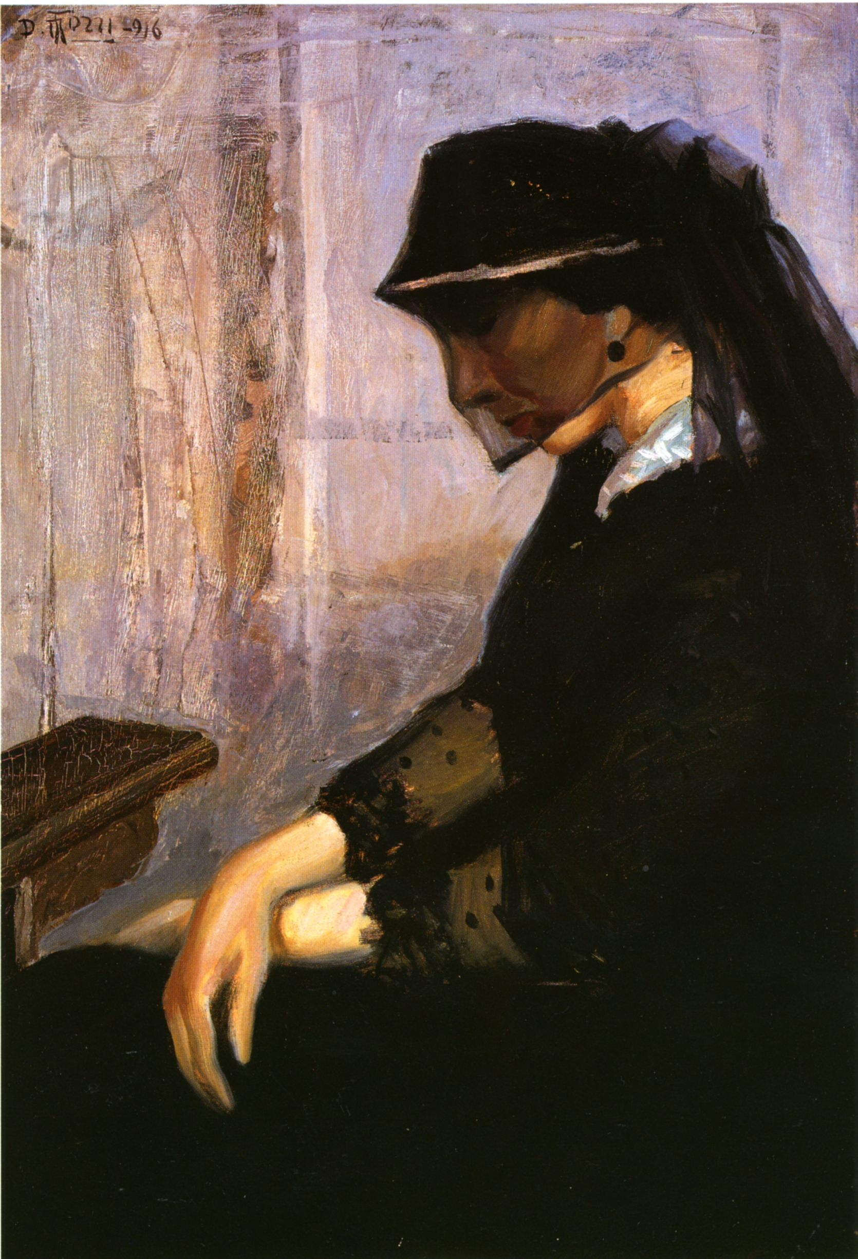 La madre, Donna vestita a lutto in un interno (dipinto) di Tozzi, Mario - ambito italiano (prima metà XX)