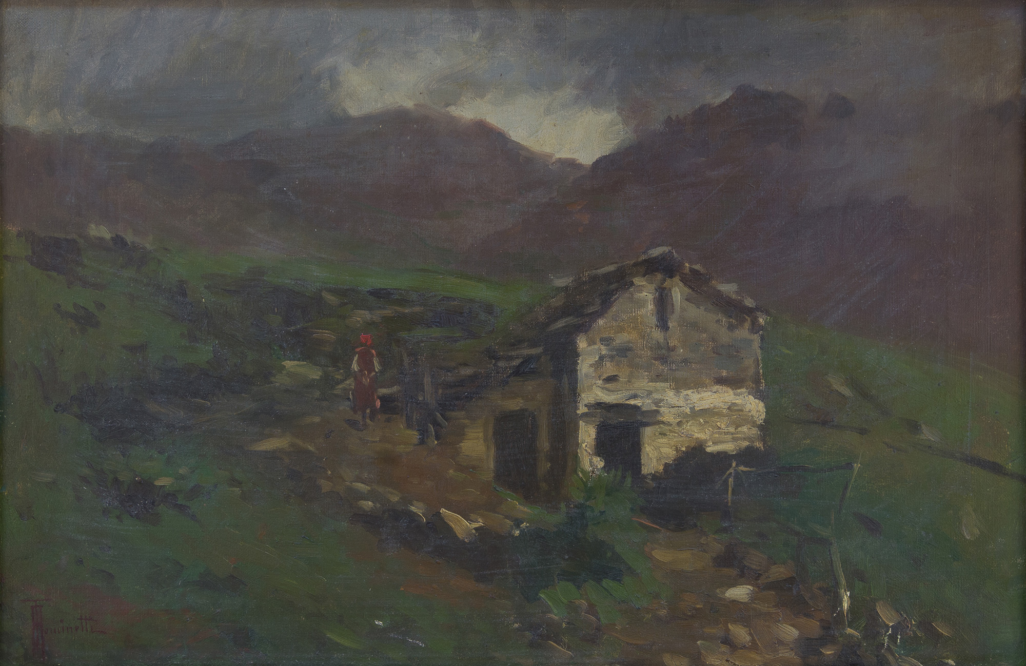 Baita in montagna, Paesaggio montano con baita (dipinto) di Tominetti, Achille - ambito italiano (fine/ inizio XIX/ XX)