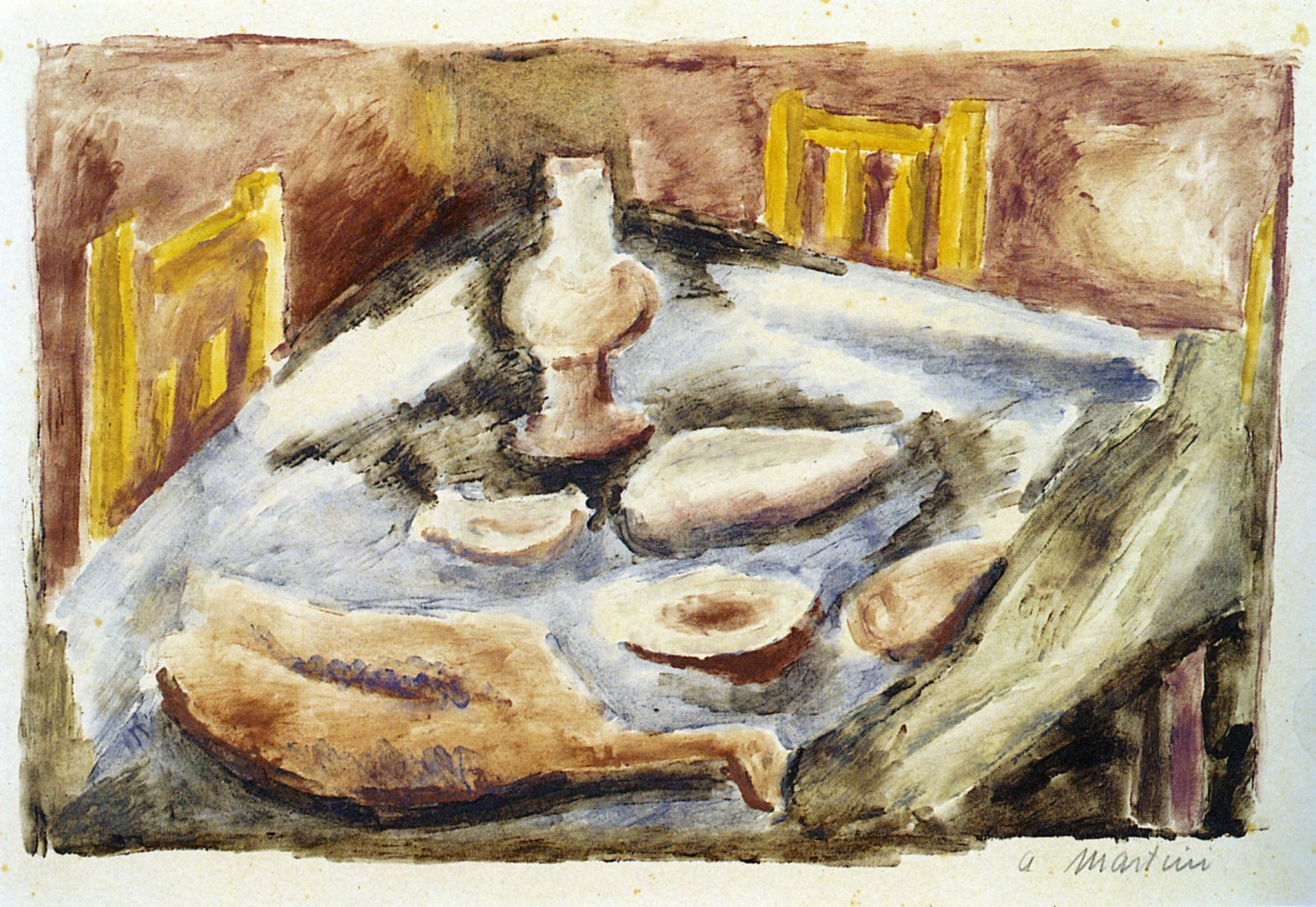 Tavola e sedie, Natura morta con pesci, frutta e vaso (dipinto) di Martini Arturo - ambito italiano (prima metà XX)