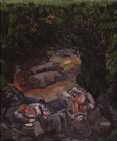 La siesta, Paesaggio con uomini e animali (dipinto) di Martini Arturo - ambito italiano (prima metà XX)