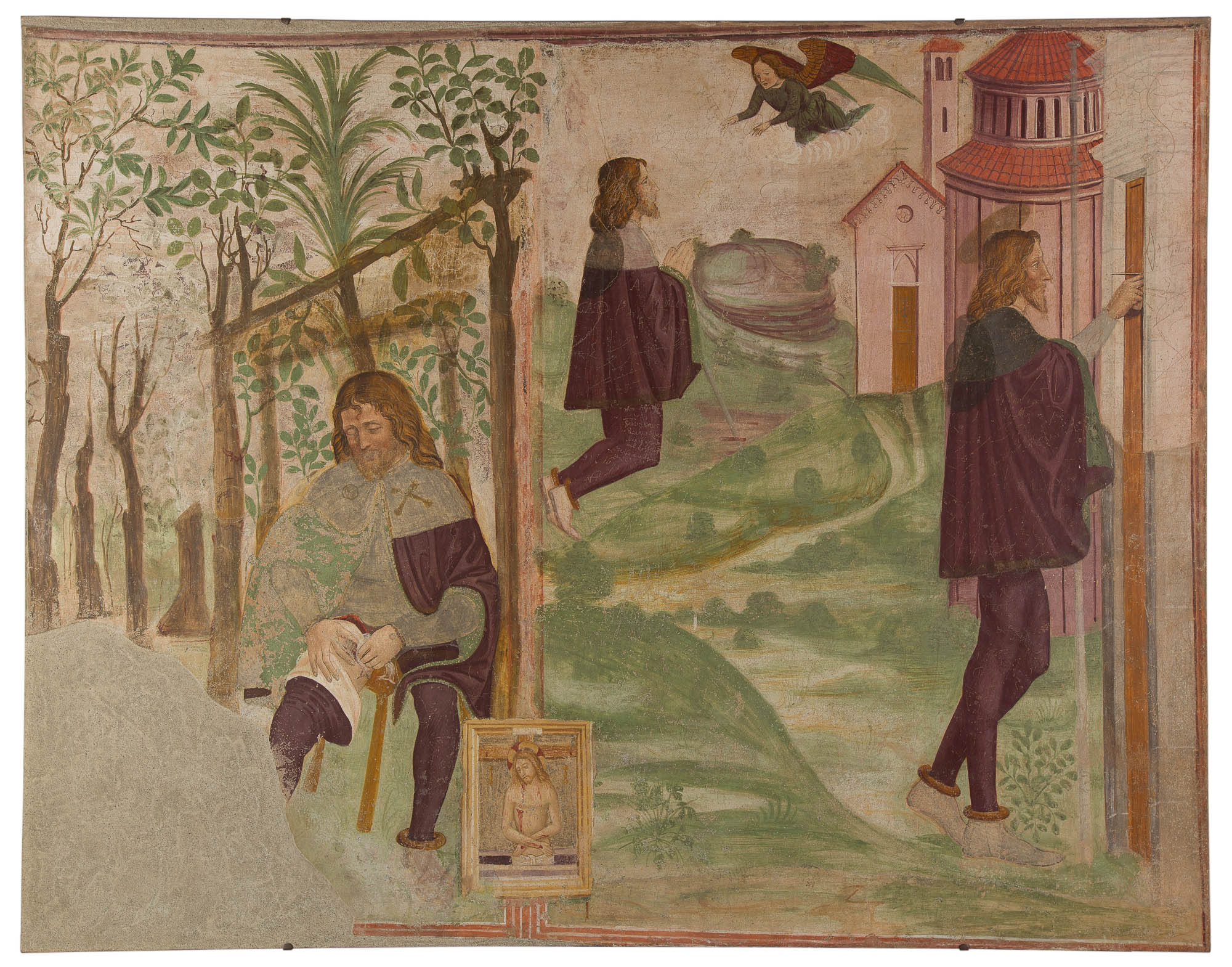 San Rocco si cura le piaghe e San Rocco bussa a una porta (dipinto) di Maestro di San Rocco - ambito lombardo (metà/ inizio XV-XVI)