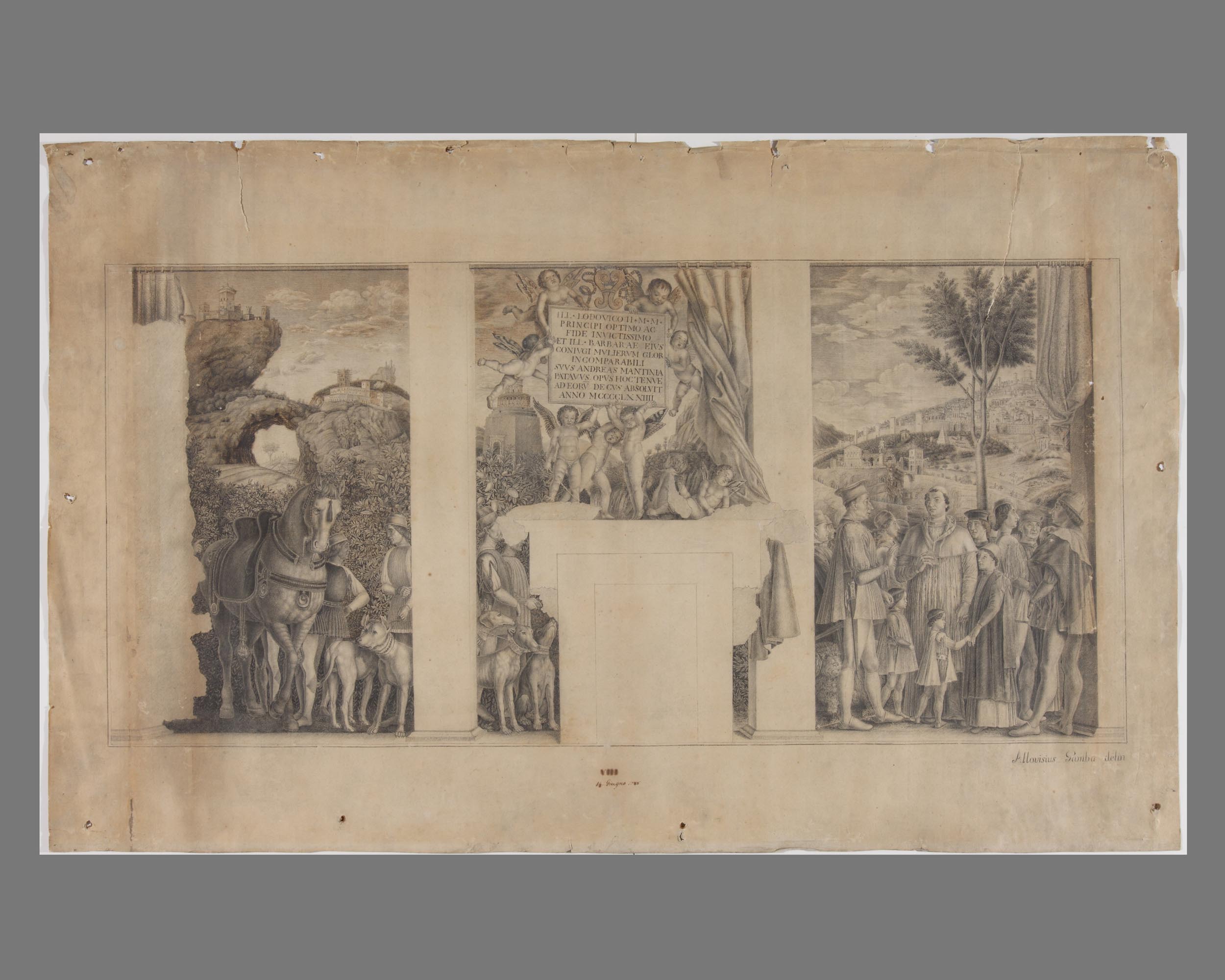 Incontro tra Ludovico Gonzaga e il figlio Francesco sulla parete occidentale della "Camera Picta" nel castello di San Giorgio a Mantova (disegno, opera isolata) di Gamba Luigi, Mantegna Andrea (sec. XVIII)