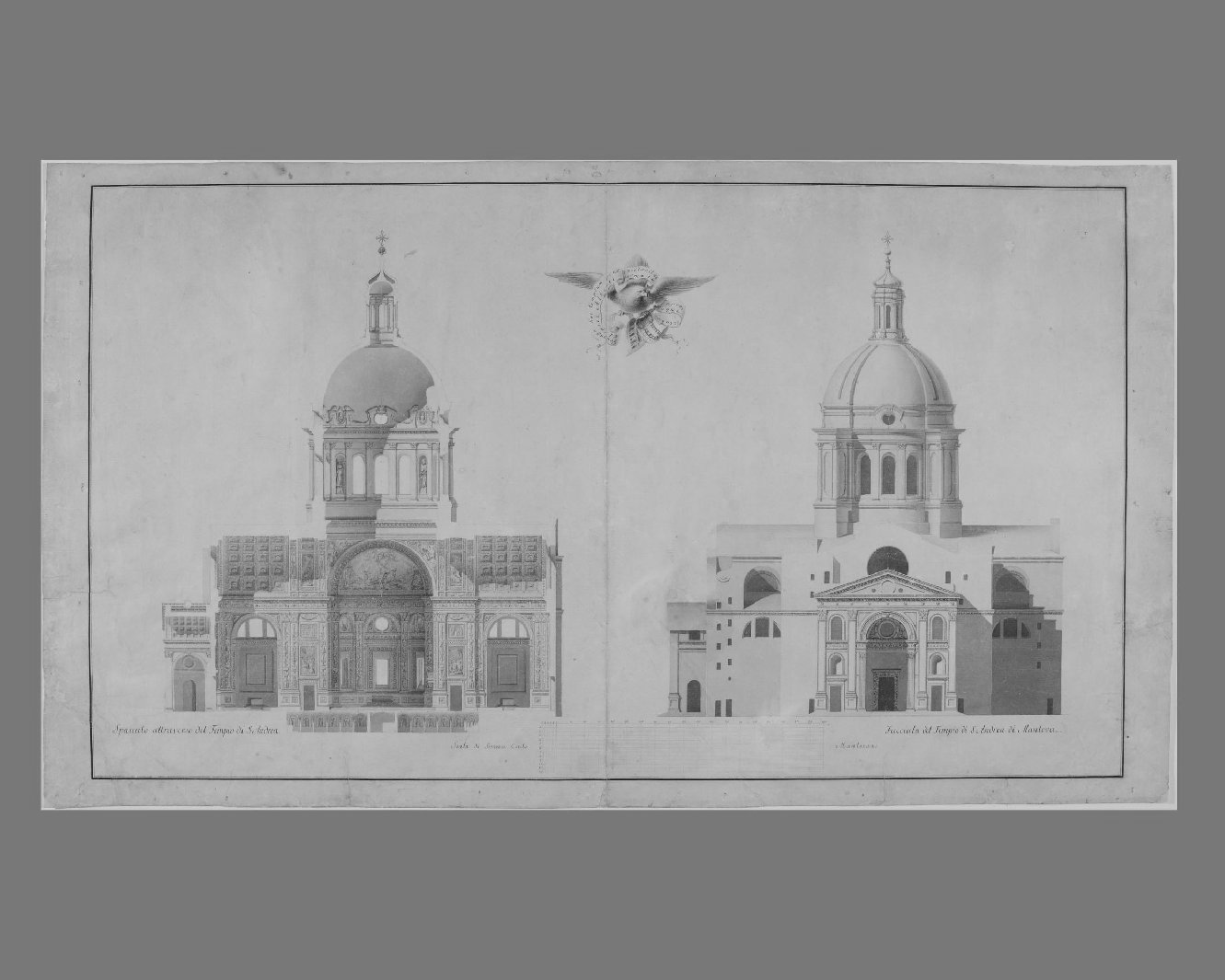 Spaccato attraverso del Tempio di Sant'Andrea di Mantova/ Facciata del Tem pio di Sant'Andrea di Mantova, Sezione trasversale e prospetto della basilica di Sant'Andrea (disegno, elemento di una serie) di Marconi Leandro (sec. XVIII)