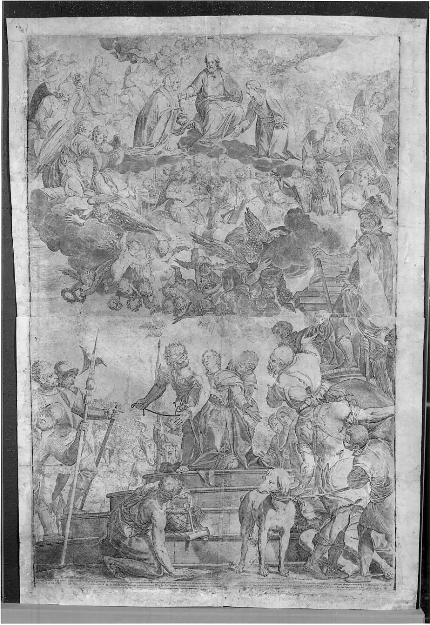 Martirio di Santa Giustina (stampa, stampa composita) di Carracci Agostino (fine/inizio sec. XVI/ XVII)