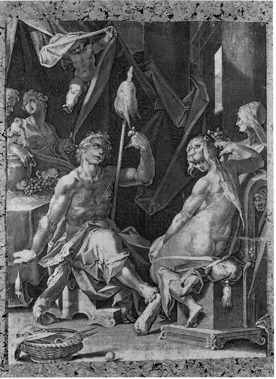 Ercole e Onfale (stampa tagliata) di Sadeler Egidius II, Spranger Bartholomaeus (fine/inizio secc. XVI/ XVII)