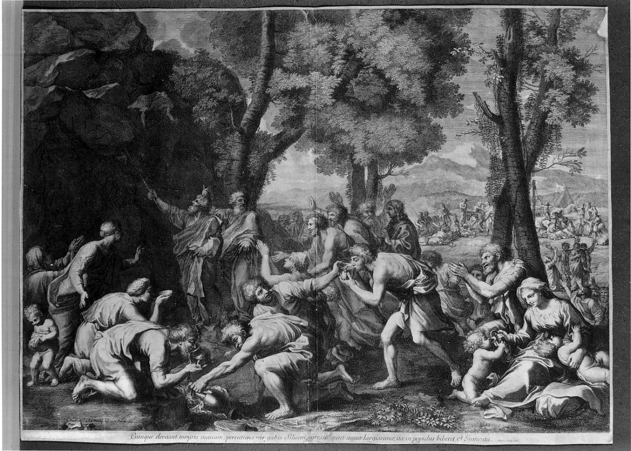 Mosè fa scaturire l'acqua dalla roccia (stampa smarginata) di Baudet Etienne, Poussin Nicolas (ultimo quarto sec. XVII)