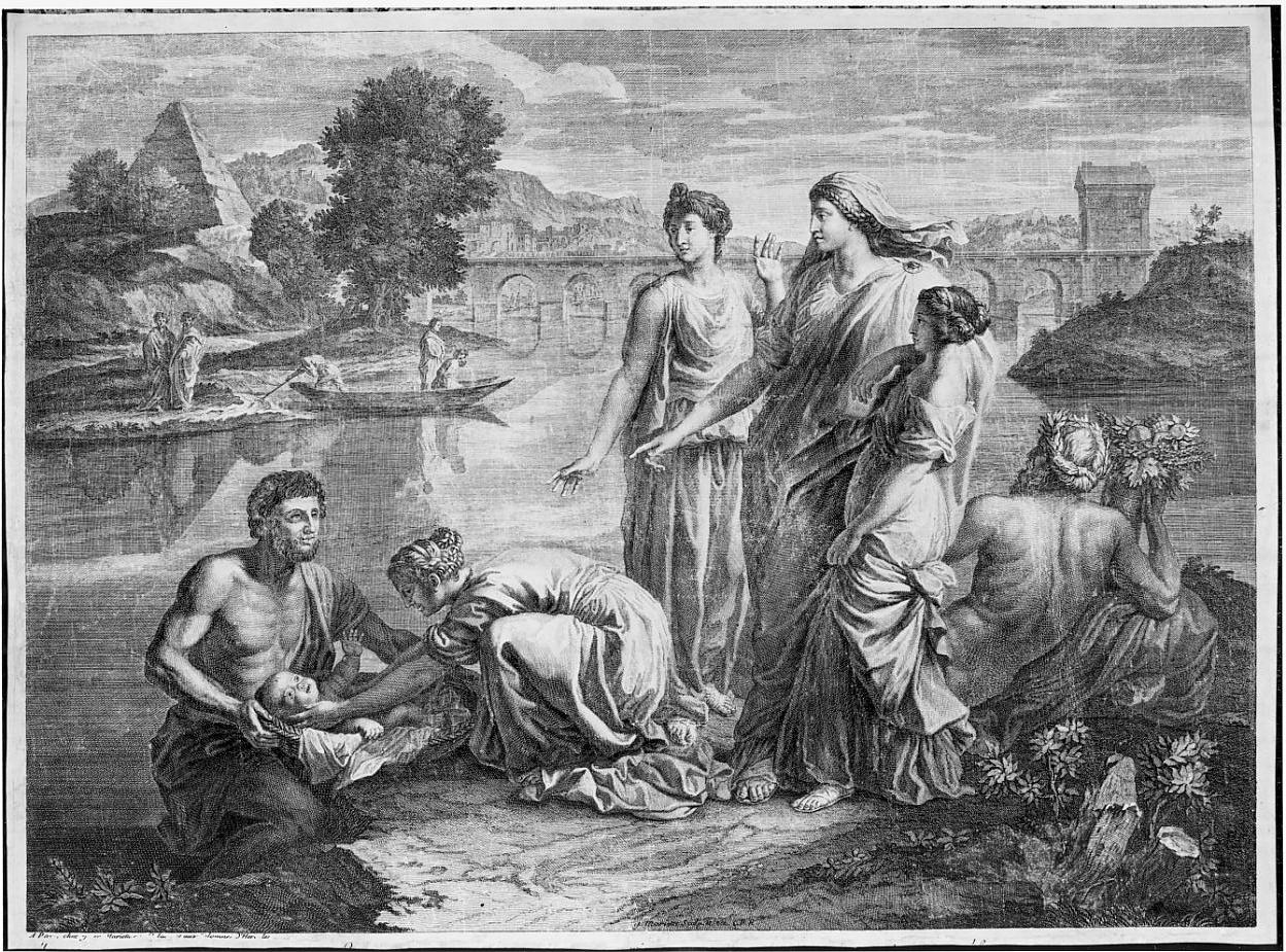 Mosè salvato dalle acque (stampa smarginata) di Mariette Jean, Poussin Nicolas (sec. XVII)
