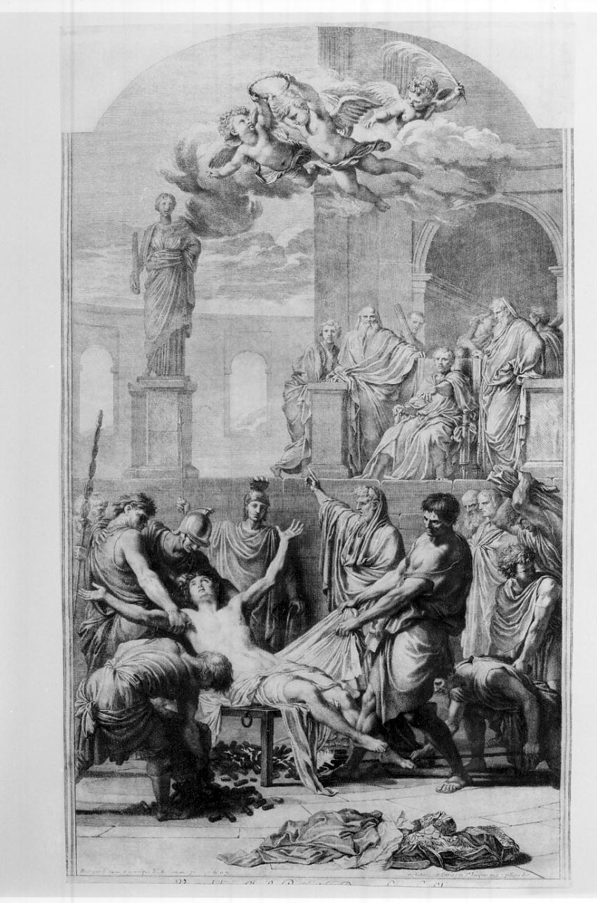 Martirio di San Lorenzo (stampa smarginata) di Audran Gérard, Le Sueur Eustache (seconda metà sec. XVII)