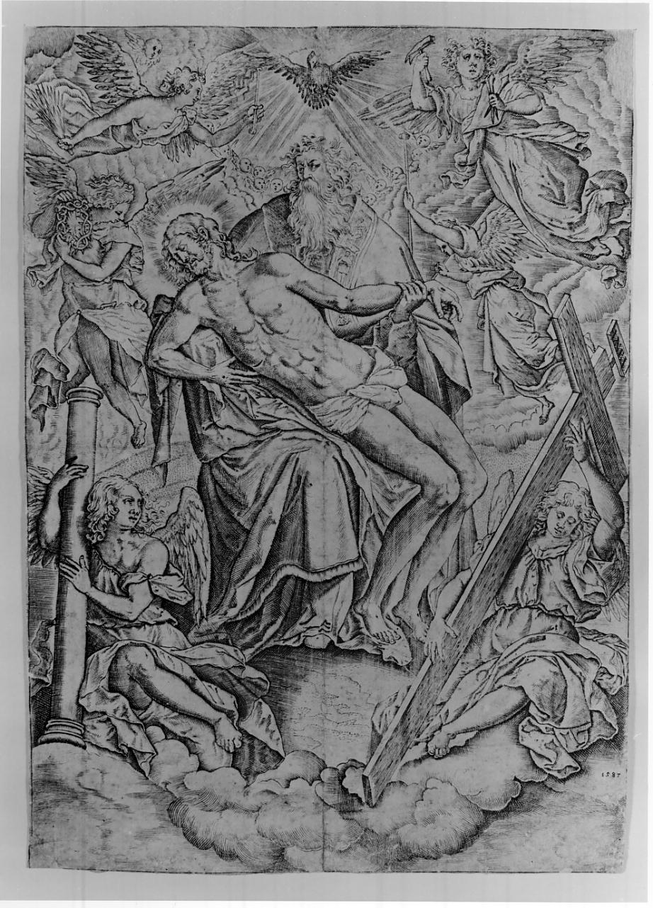 La Trinità con gli strumenti della passione (stampa smarginata) di Sadeler Johannes, De Vos Marten - ambito fiammingo (sec. XVI)