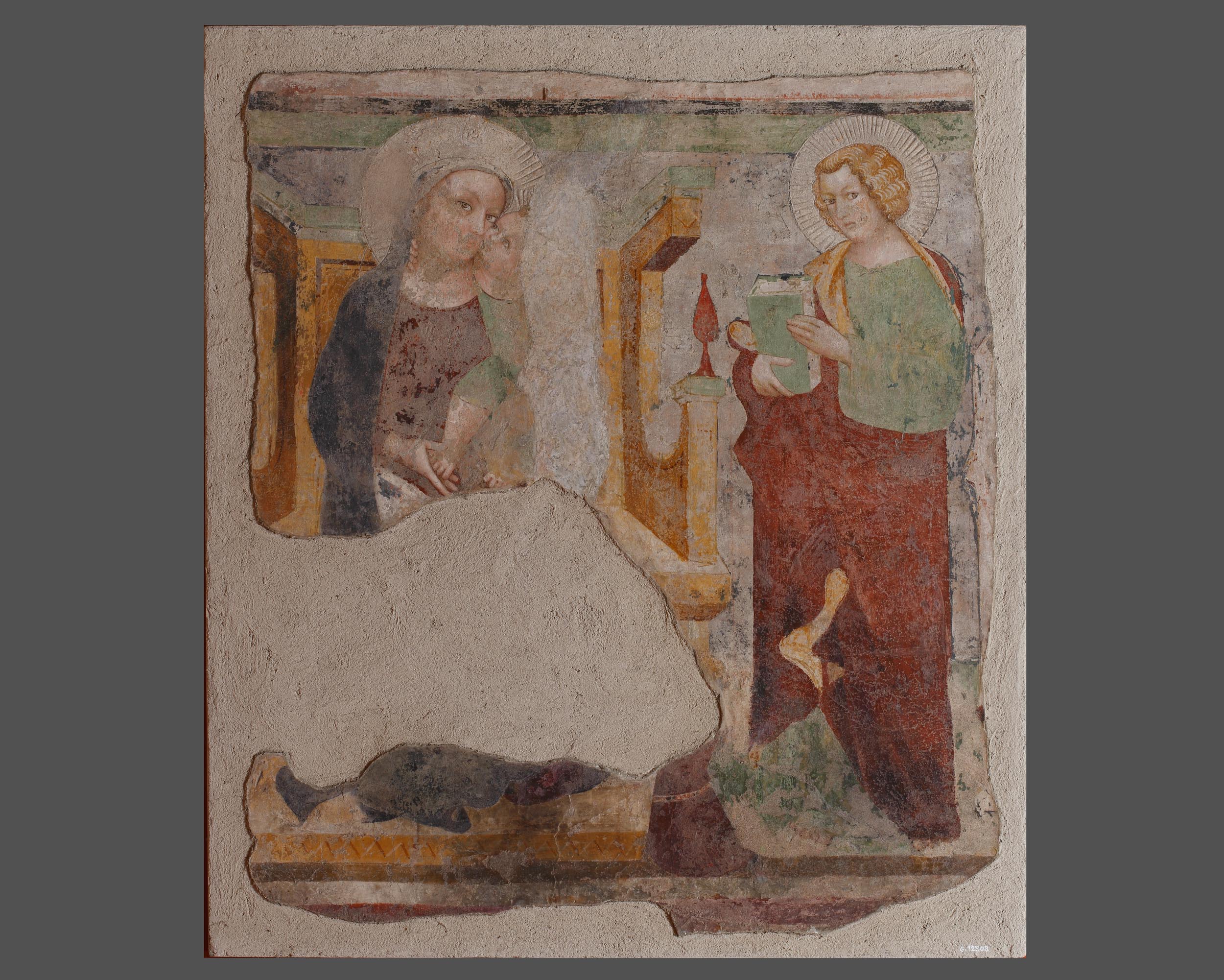 Madonna con Bambino, San Giovanni Evangelista e un devoto (dipinto, opera isolata) - ambito emiliano-lombardo (sec. XIV)