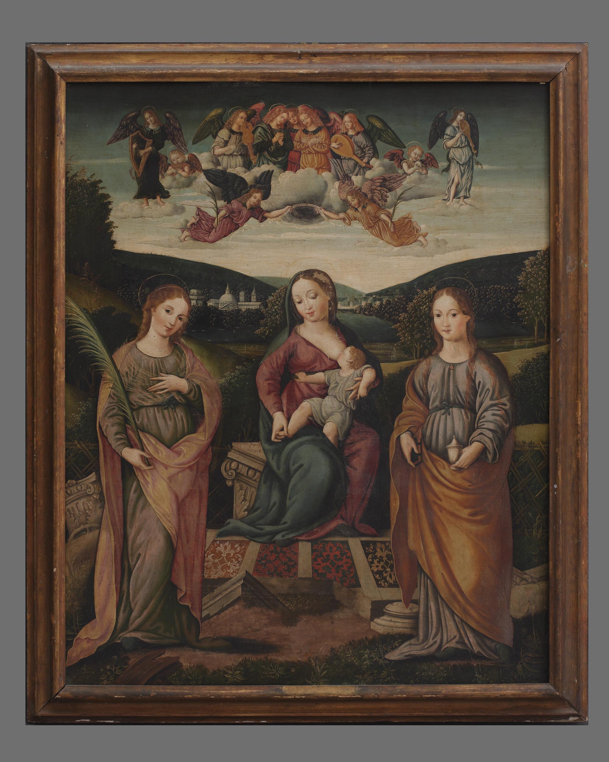 Madonna con Bambino tra le Sante Caterina d'Alessandria e Maddalena (dipinto, opera isolata) di Maestro di San Vincenzo martire (attribuito) (sec. XVI)