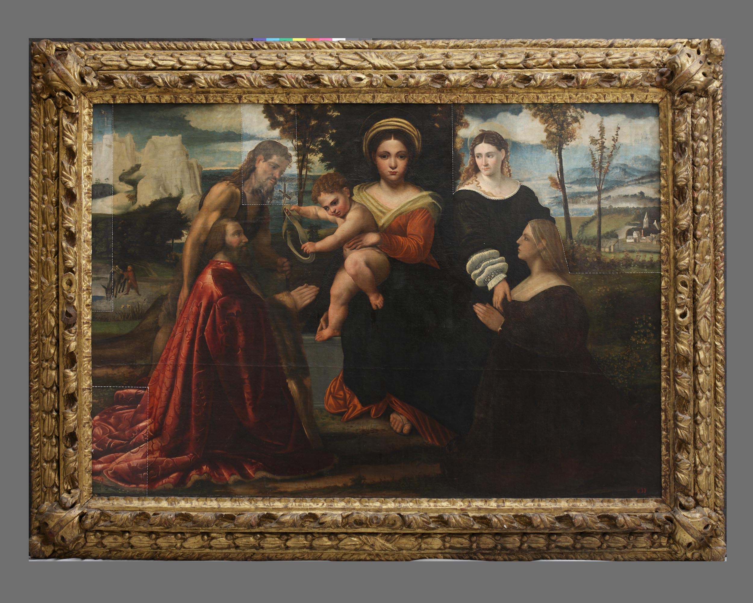 Madonna col Bambino, San Giovanni Battista e una santa, con due devoti inginocchiati (dipinto, opera isolata) - ambito veronese (sec. XVI)