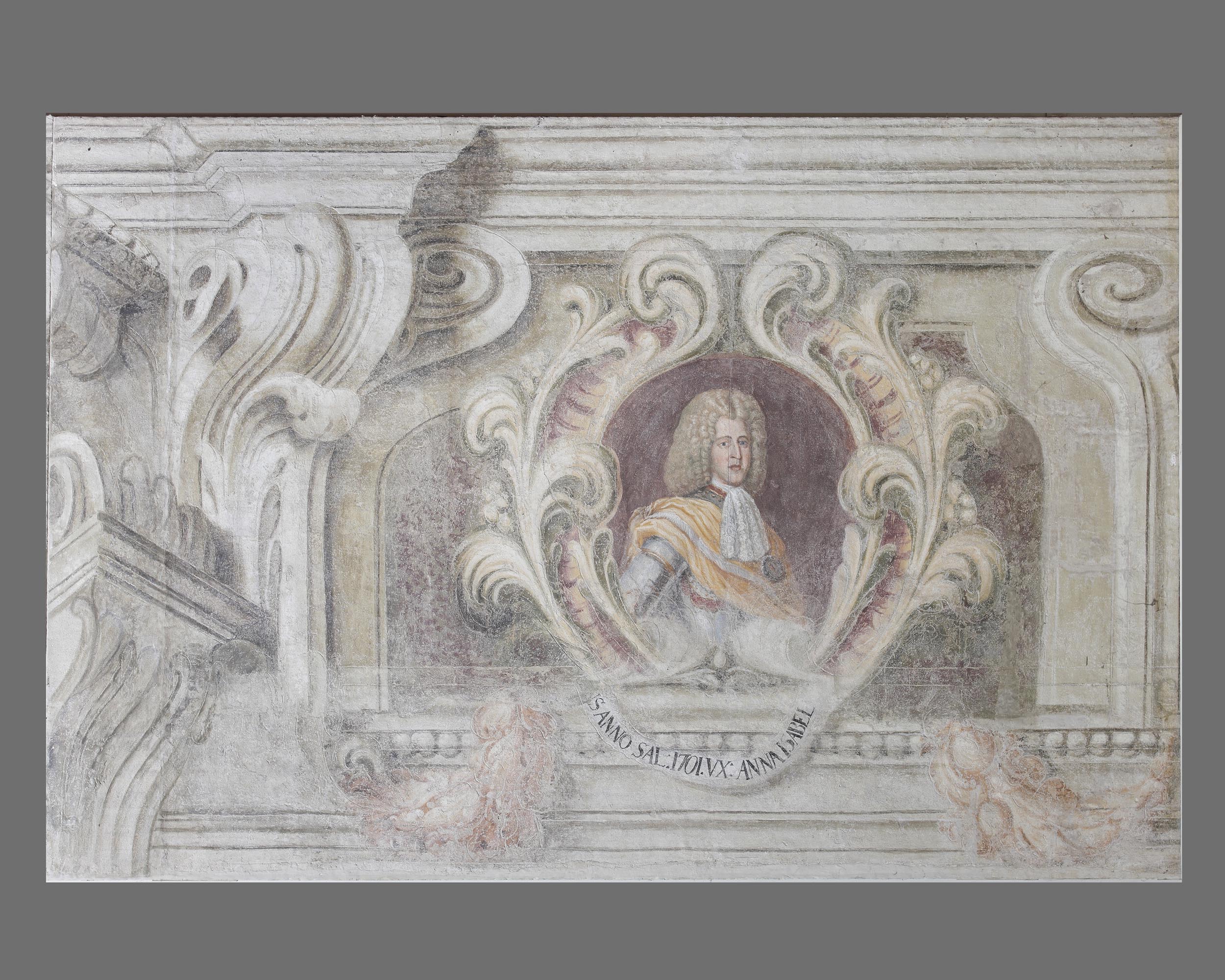 Fregio con ritratto di Ferdinando Carlo Gonzaga Nevers (dipinto, elemento d'insieme) di Calabrò Antonio (attribuito) (sec. XVIII)