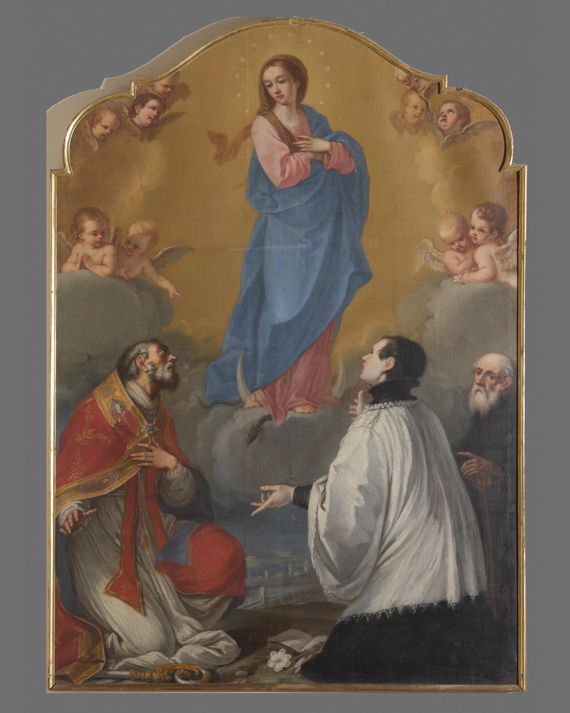Immacolata Concezione e i santi Anselmo, Luigi Gonzaga e Giovanni Bono (dipinto, elemento d'insieme) di Orioli Giuseppe (sec. XVIII)