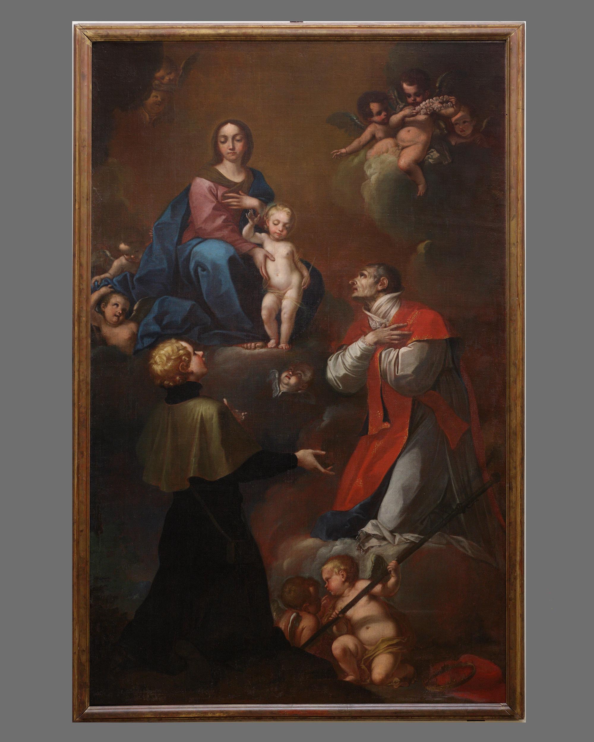 Madonna con Bambino, San Stanislao Kostka e Francesco Borgia (dipinto, opera isolata) di Orioli Giuseppe (sec. XVIII)