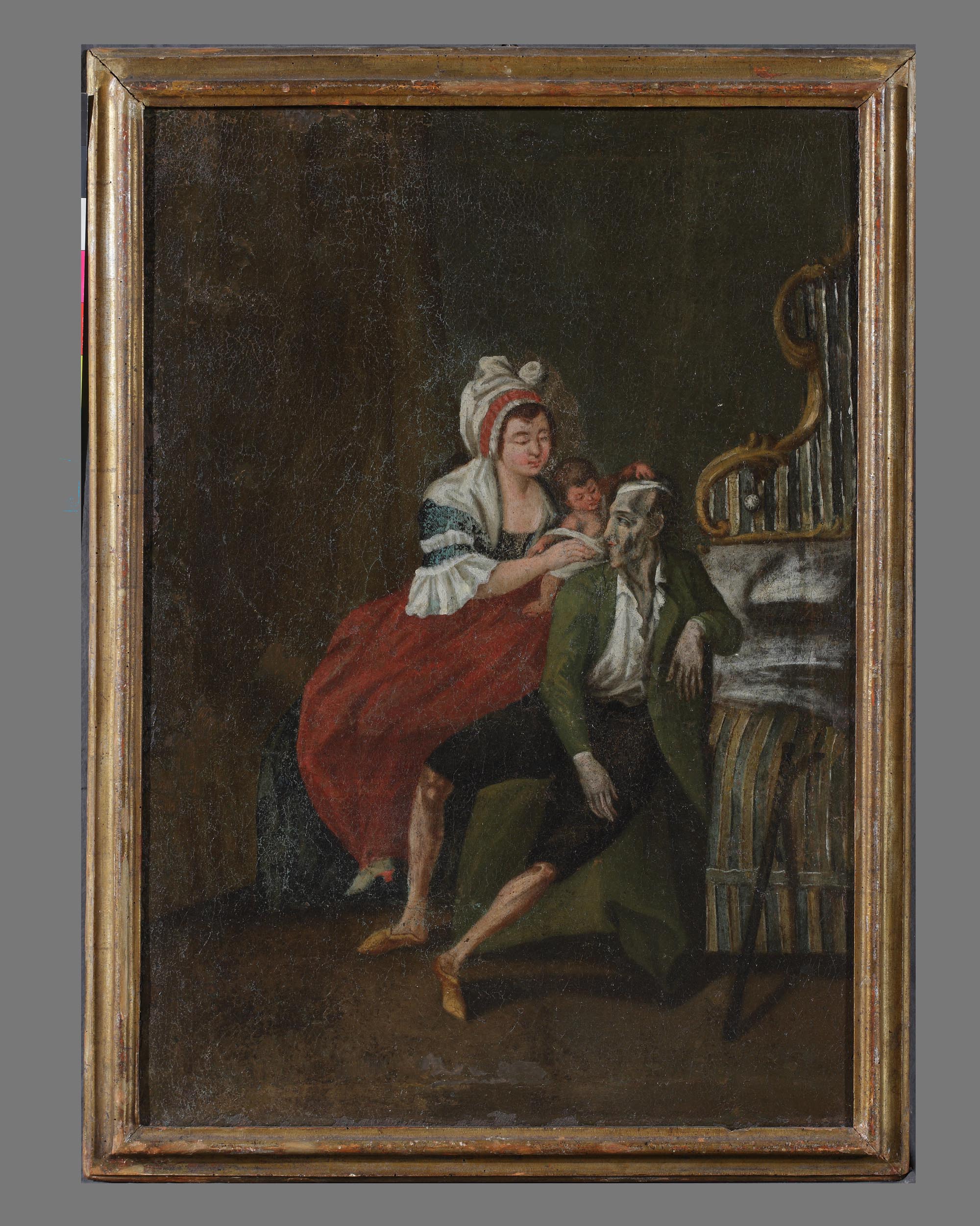 Madre, col figlio in braccio, che accudisce il marito infermo (dipinto, elemento d'insieme) - ambito lombardo o veneto (sec. XVIII)