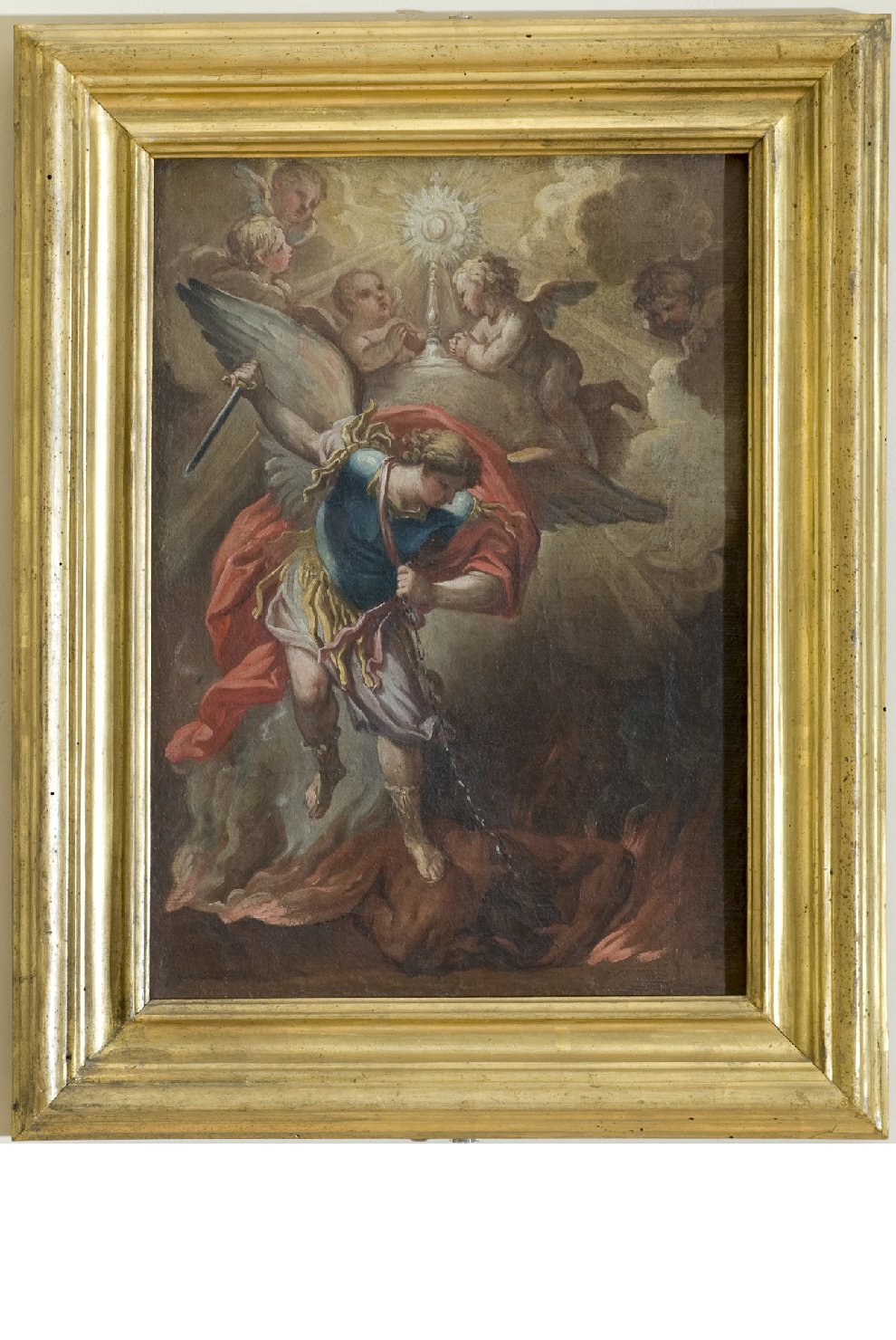 San Michele Arcangelo combatte Satana (dipinto, opera isolata) di Leopardi Marcello (attribuito) (sec. XVIII)