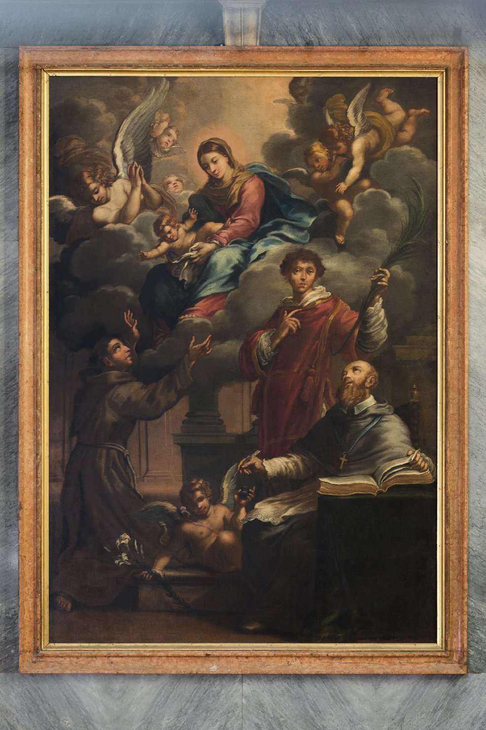 Madonna tra le nubi con i Santi Antonio da Padova, Francesco di Sales, Vincenzo martire (dipinto) di Dauphin Oliviero detto Delfino (sec. XVII)
