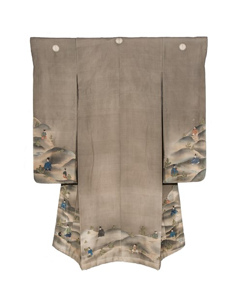 personaggi che raccolgono pini (abito femminile, elemento d'insieme) - ambito giapponese (seconda metà XIX)