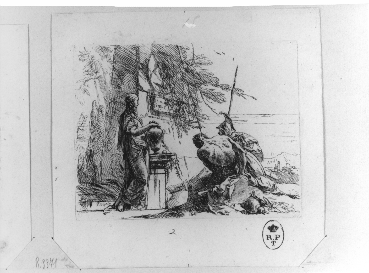 il guerriero, una donna e uno schiavo, scena allegorica (stampa smarginata) di Tiepolo Giovanni Battista, Tiepolo Gian Domenico (ultimo quarto sec. XVIII)