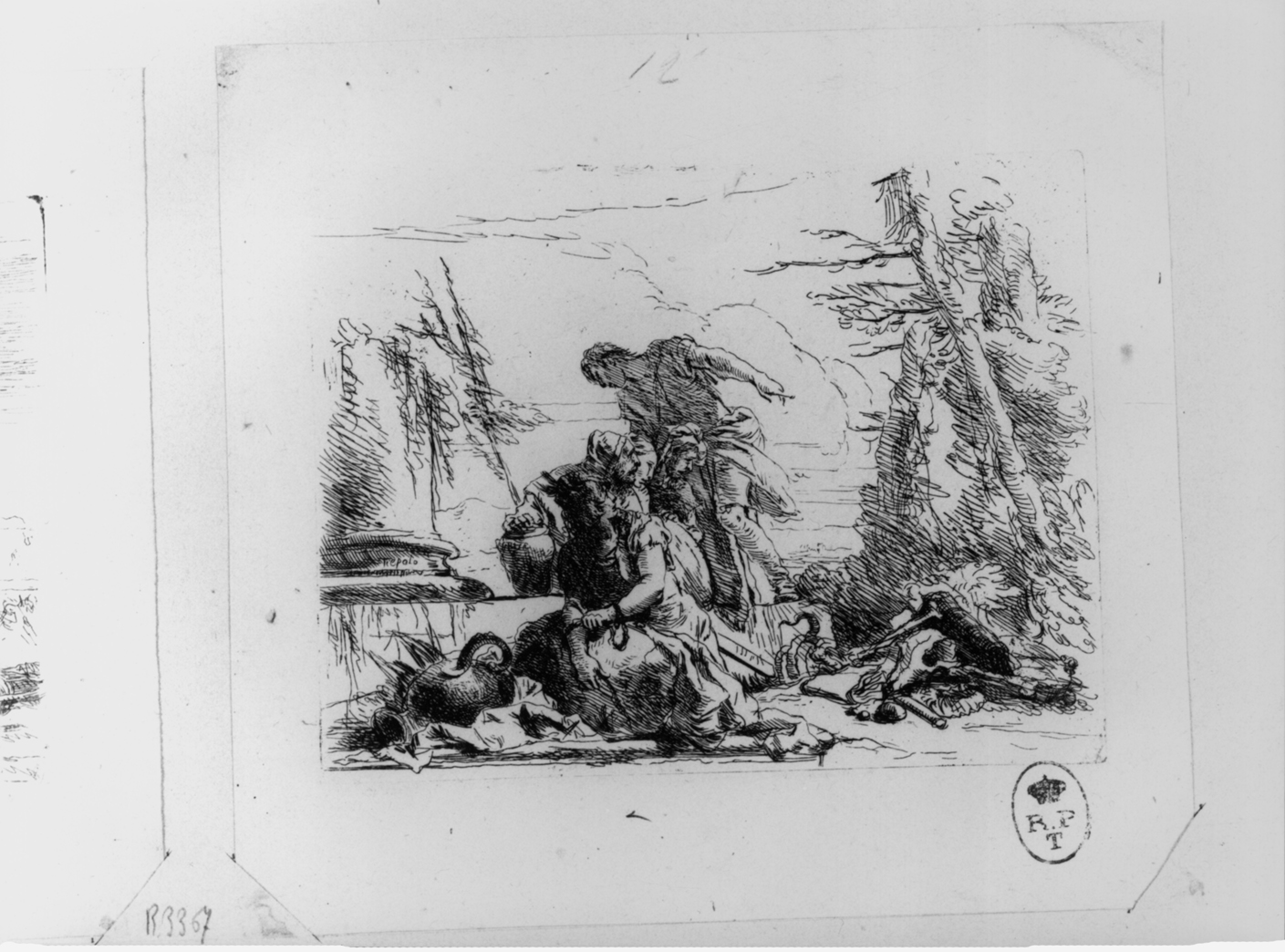 donna con le braccia incatenate e quattro figure, scena allegorica (stampa smarginata) di Tiepolo Giovanni Battista, Tiepolo Gian Domenico (ultimo quarto sec. XVIII)