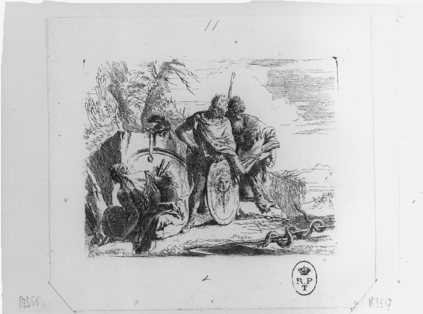 l'astrologo e il giovane soldato, scena allegorica (stampa smarginata) di Tiepolo Giovanni Battista, Tiepolo Gian Domenico (ultimo quarto sec. XVIII)
