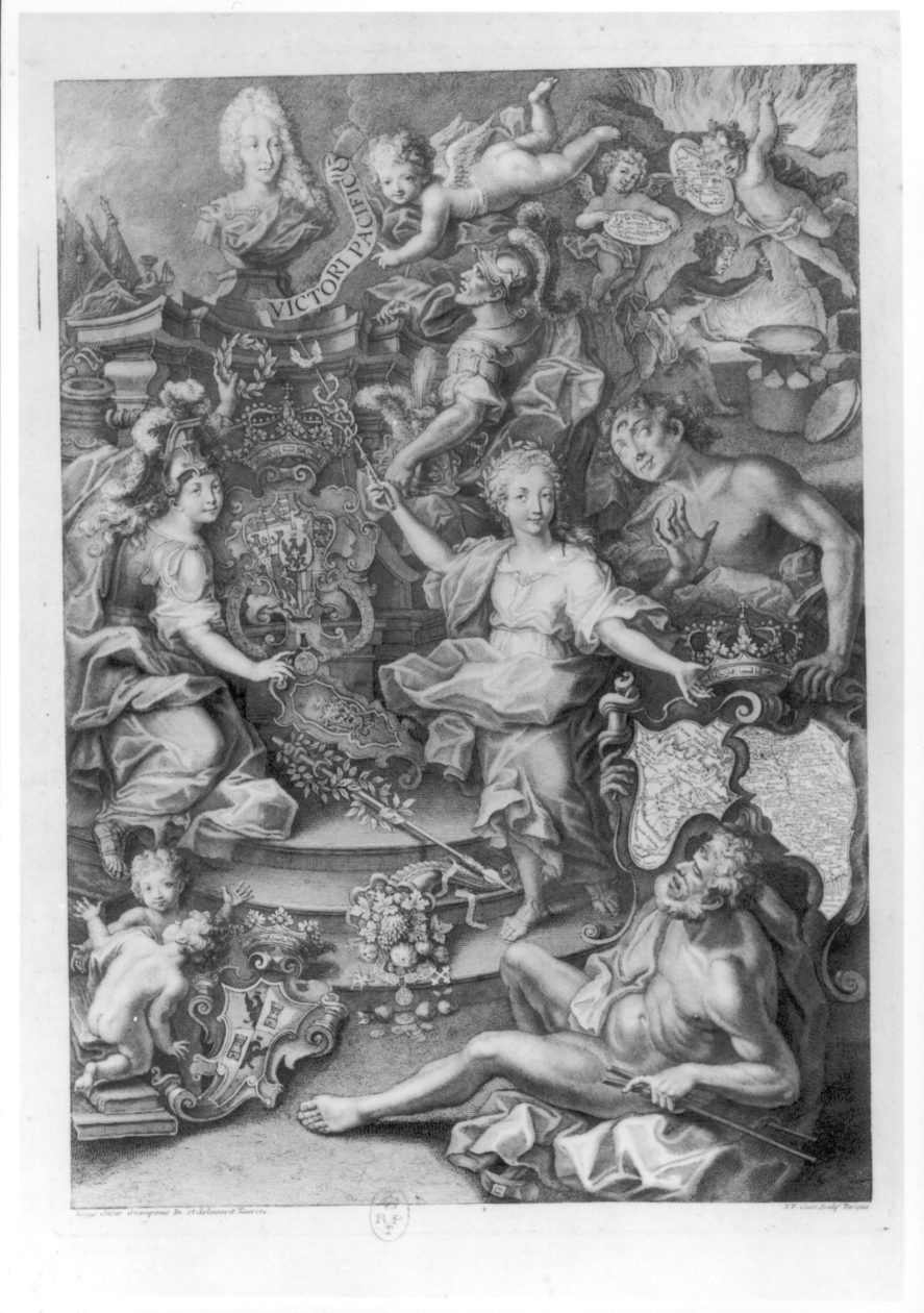 Allegoria del regno di Vittorio Amedeo II, scena storico - allegorica (stampa) di Grampini Giulio Cesare, Cars Jean François (primo quarto sec. XVIII)