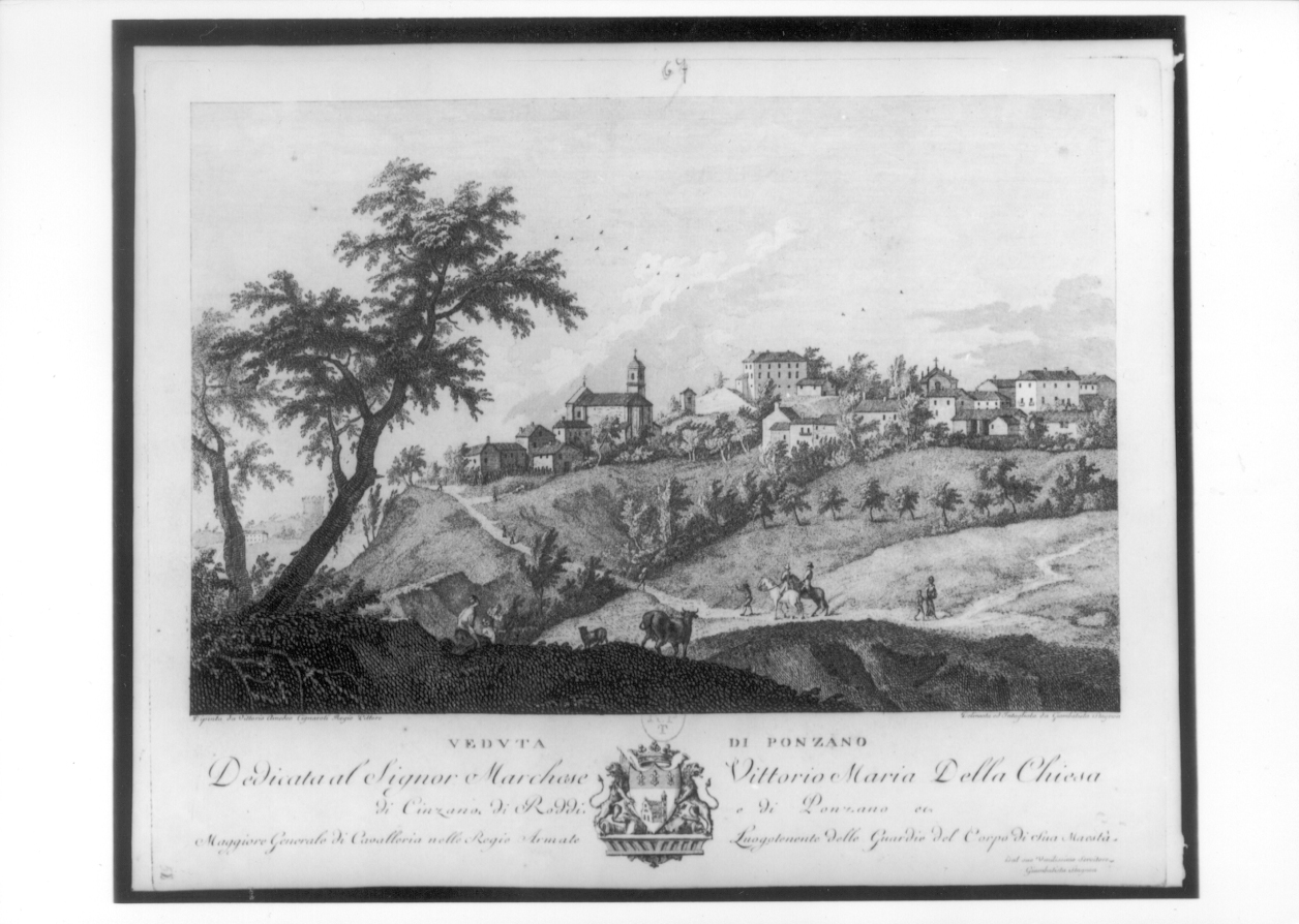Vediuta di Ponzano, Paesaggio (stampa smarginata) di Stagnon Gian Battista, Cignaroli Vittorio Amedeo (seconda metà sec. XVIII)