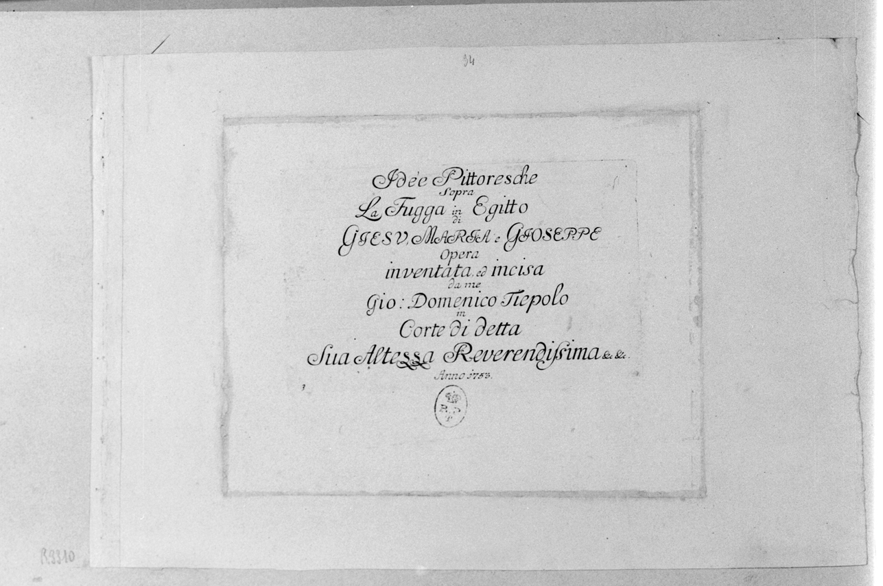 idee sulle Fuga in Egitto, frontespizio (stampa) di Tiepolo Gian Domenico (seconda metà sec. XVIII)