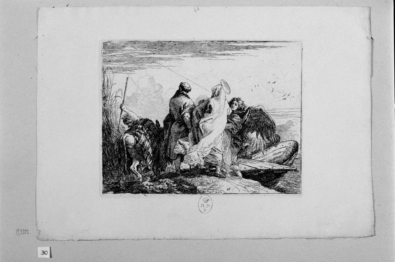 la fuga in Egitto, attraversamento del fiume in barca traghettati da un angelo durante la fuga in Egitto (stampa) di Tiepolo Gian Domenico (seconda metà sec. XVIII)