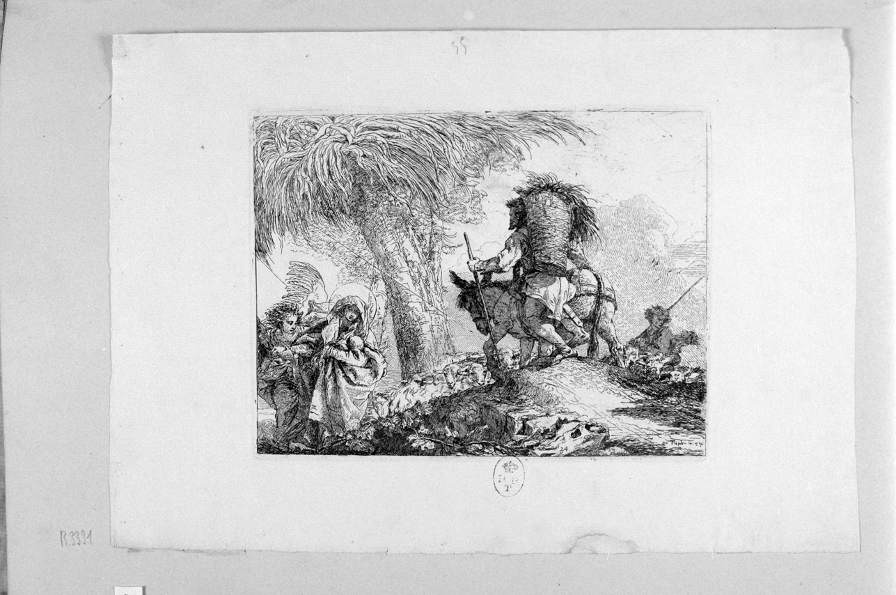 l'arrivo della Sacra Famiglia in Egitto, arrivo della Sacra Famiglia in Egitto (stampa) di Tiepolo Gian Domenico (seconda metà sec. XVIII)