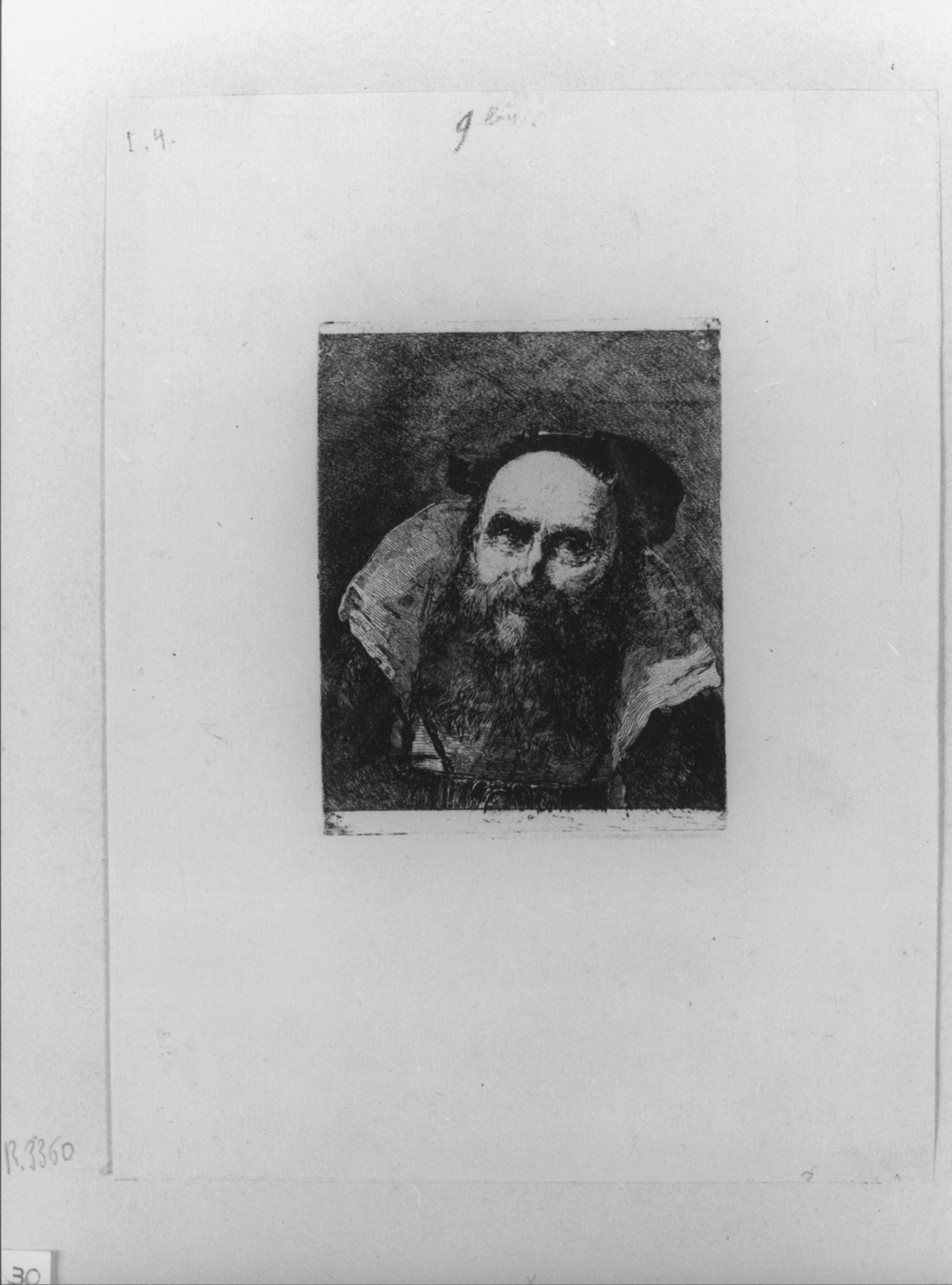 Ritratto di vecchio sorridente, testa d'uomo con barba e berretto (stampa smarginata) di Tiepolo Giovanni Battista, Tiepolo Gian Domenico (sec. XVIII)