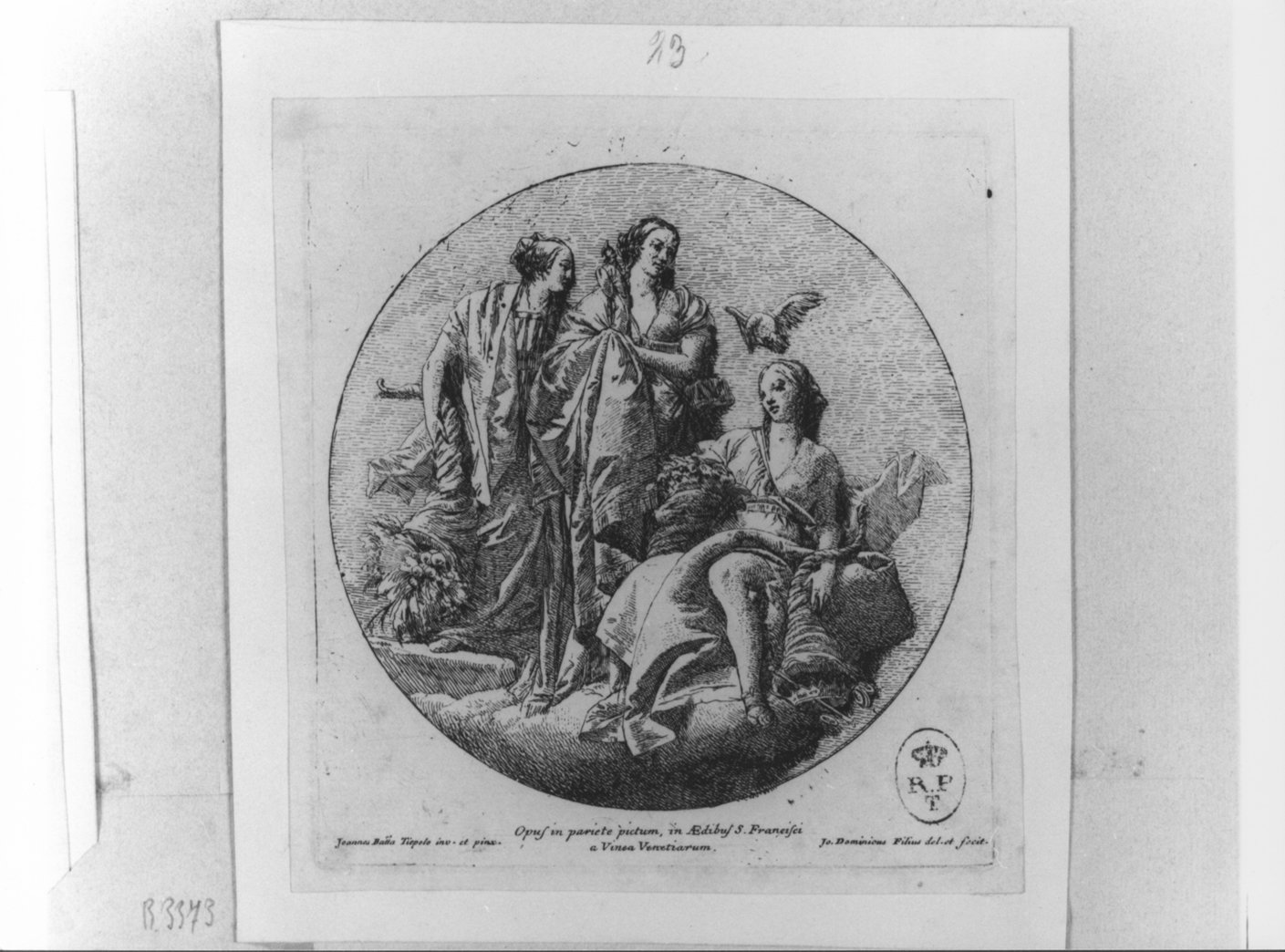 la Saggezza, la Munificenza e l'Abbondanza, allegoria della Saggezza, Munificenza e Abbondanza (stampa smarginata) di Tiepolo Giovanni Battista, Tiepolo Gian Domenico (sec. XVIII)